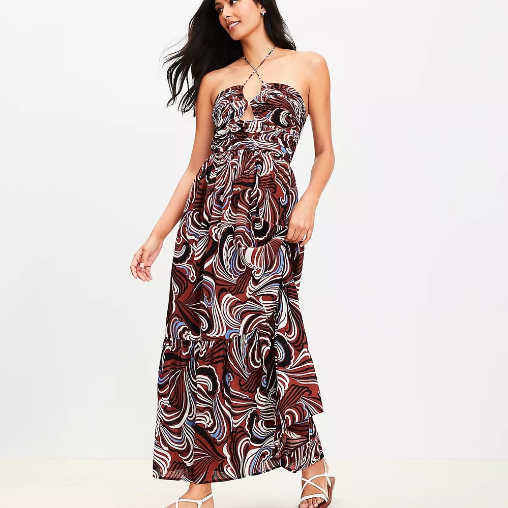 Elegant Swirl Patterned Maxi Dress - Brown and White